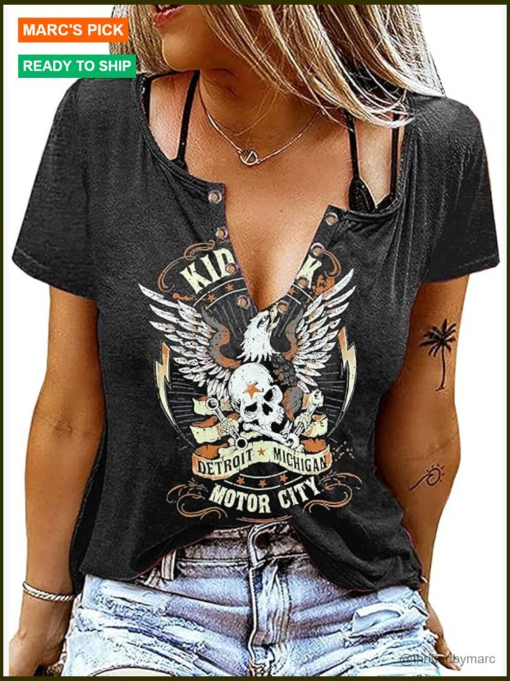 Vintage Rock Roll Skeleton Eagle Graphic V-Neck T-Shirt Women's Casual Loose Fit